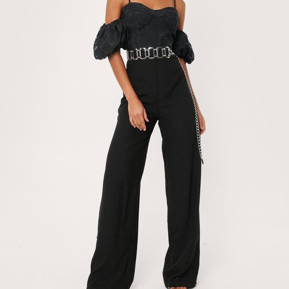 nastygal black organza off the shoulder belted jumpsuit (size 2)